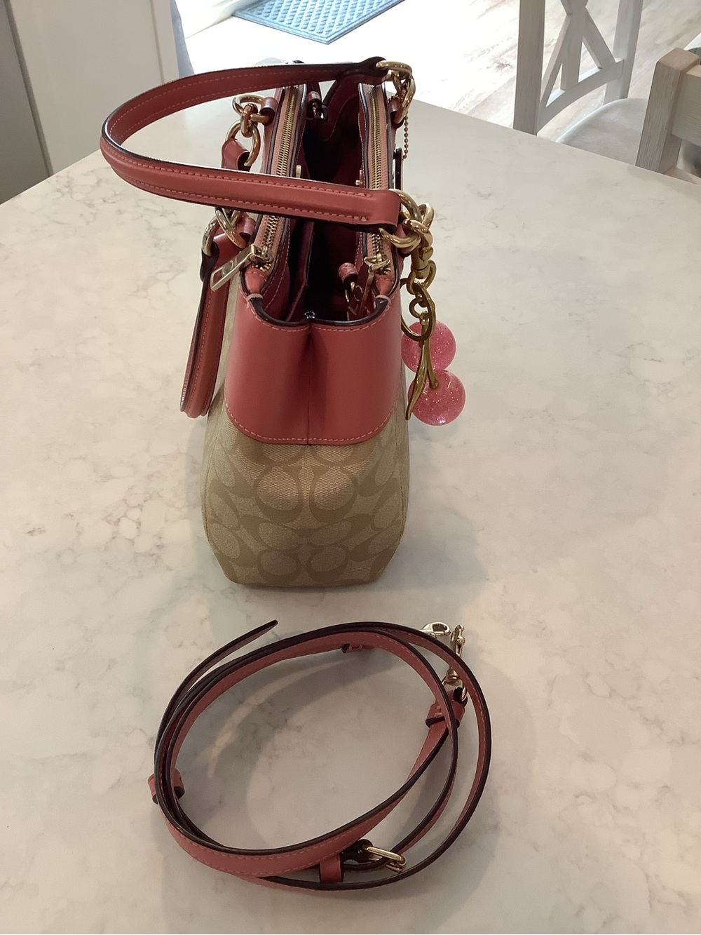 Coach Mini Brooke Beige Signature Canvas Satchel Crossbody with Pink Trim - Picture 4 of 12